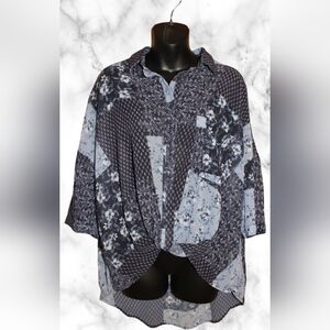 FRENCH Connection Floral Patchwork Sheered Blouse with Tied Front Hem